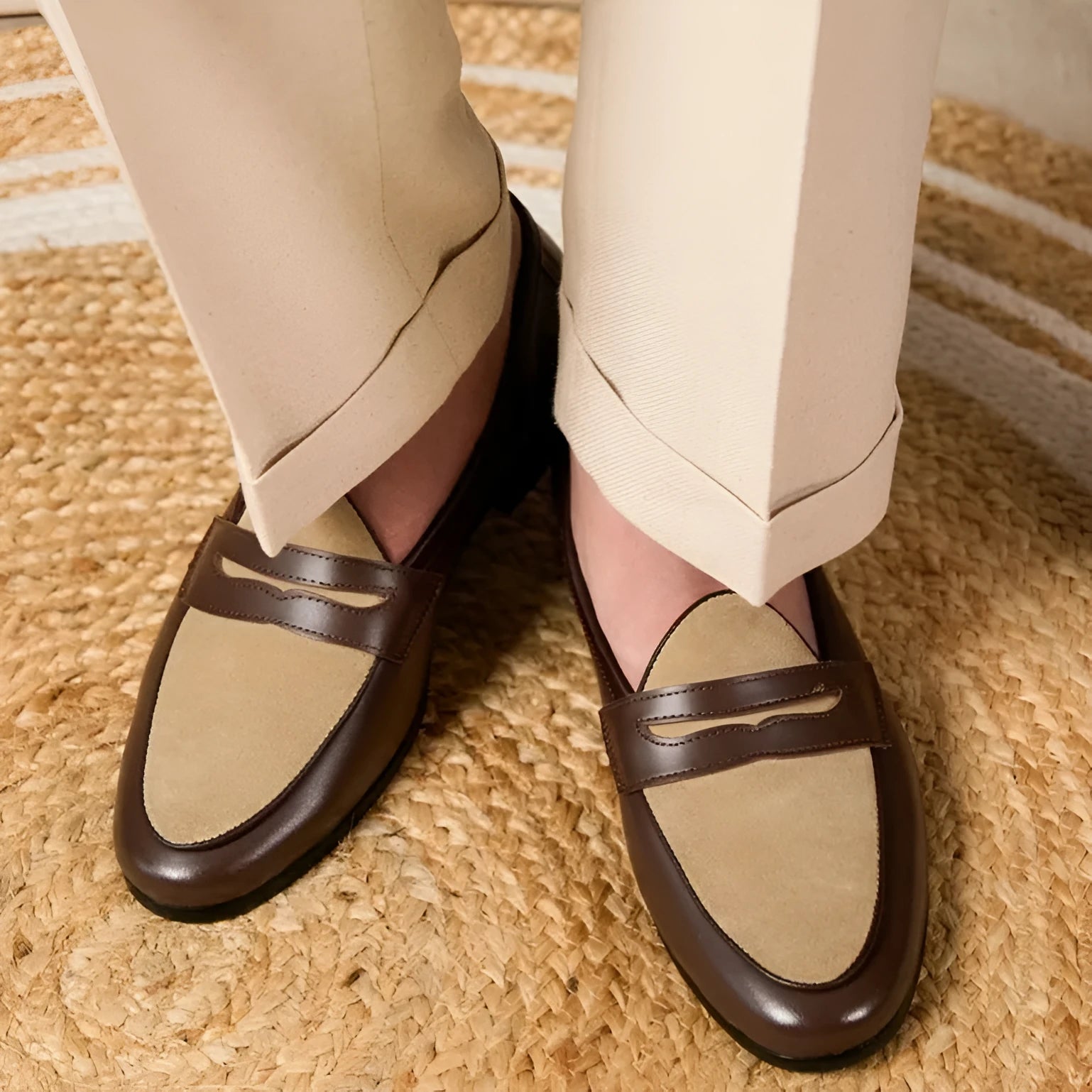 Men's coffee grey suede leather loafers in British style with a slip-on design