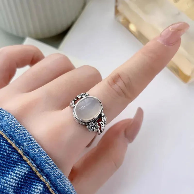 Adjustable copper vintage ring with antique finish and white chalcedony appearance