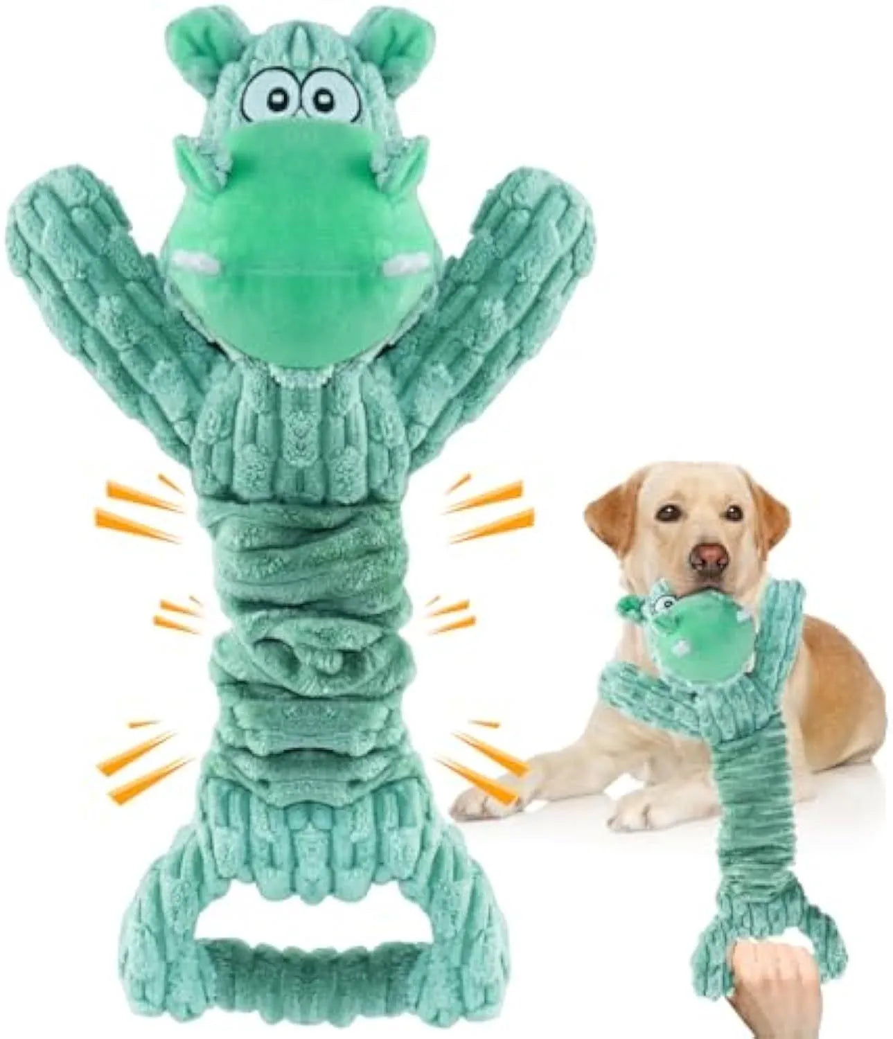 Large squeaky plush dog toy in hippo or monkey design with a handle base for tug of war games