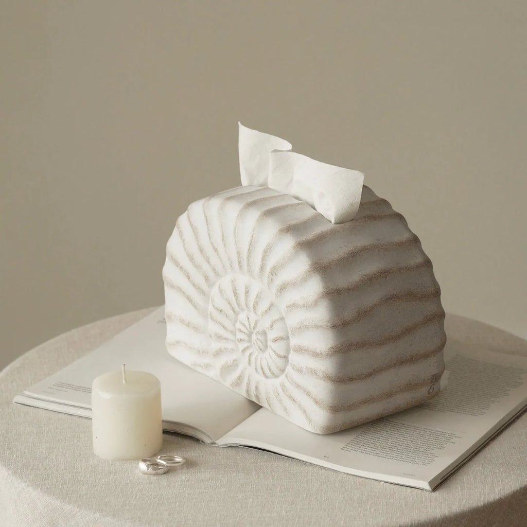 Solid resin conch-shaped tissue box cover in a natural colour on a table.