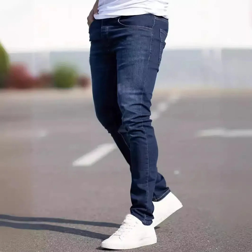 Men's dark blue slim fit jeans with elastic cotton fabric and zipper fly