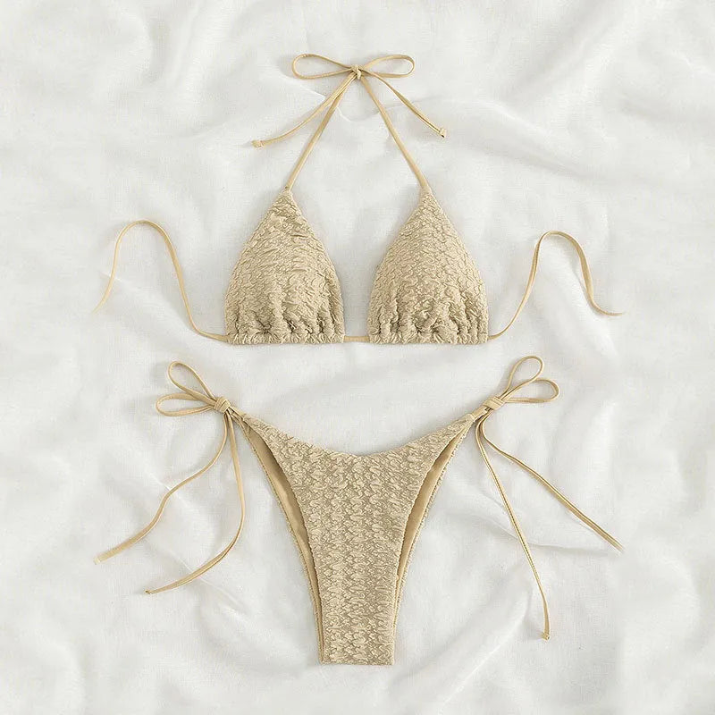 Women's khaki high waist bikini set with lace-up sides on the shorts.