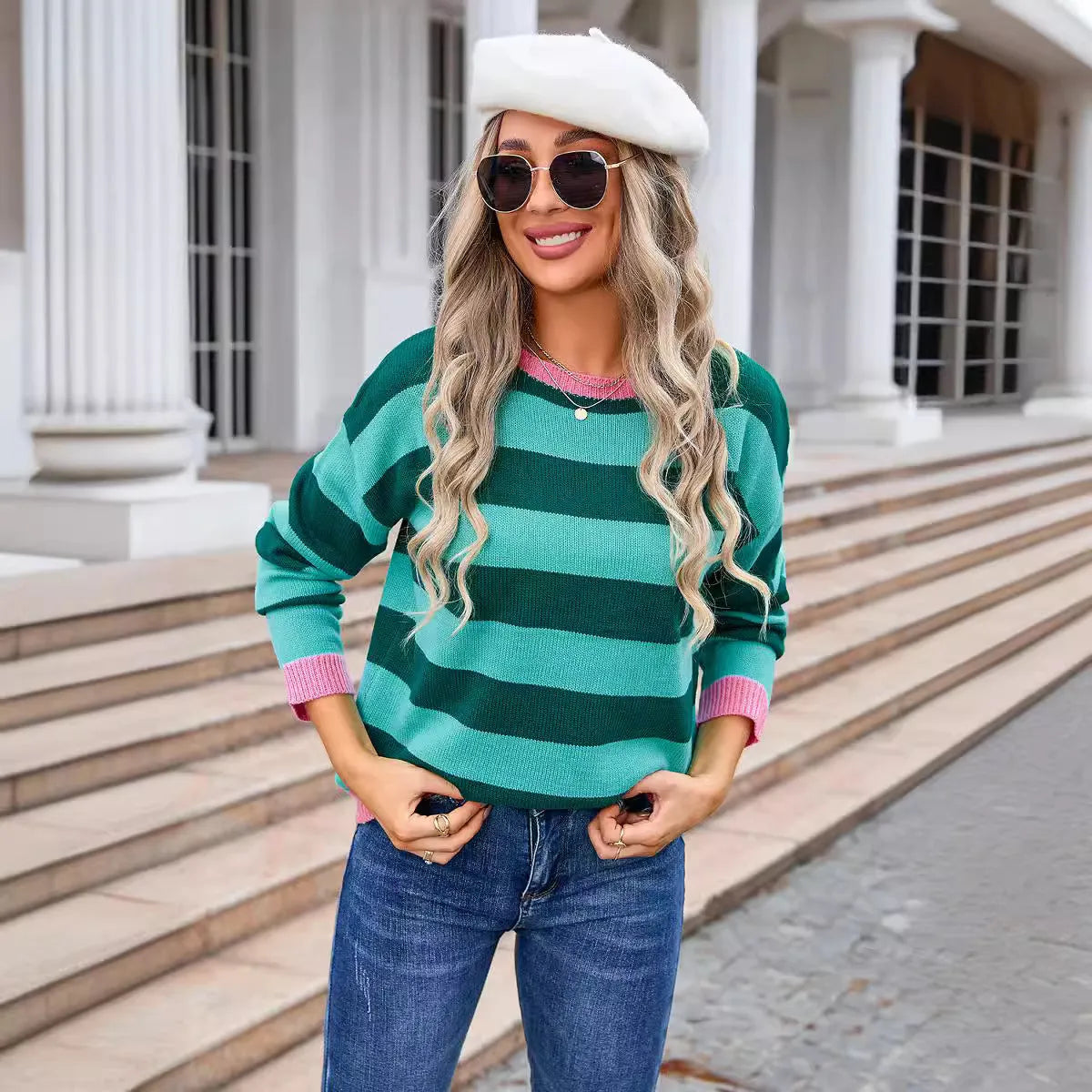 Women's loose fit long sleeve acrylic sweater in blue, round neck