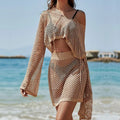 Women's khaki bell sleeve sun protection top and skirt set with hollow out design