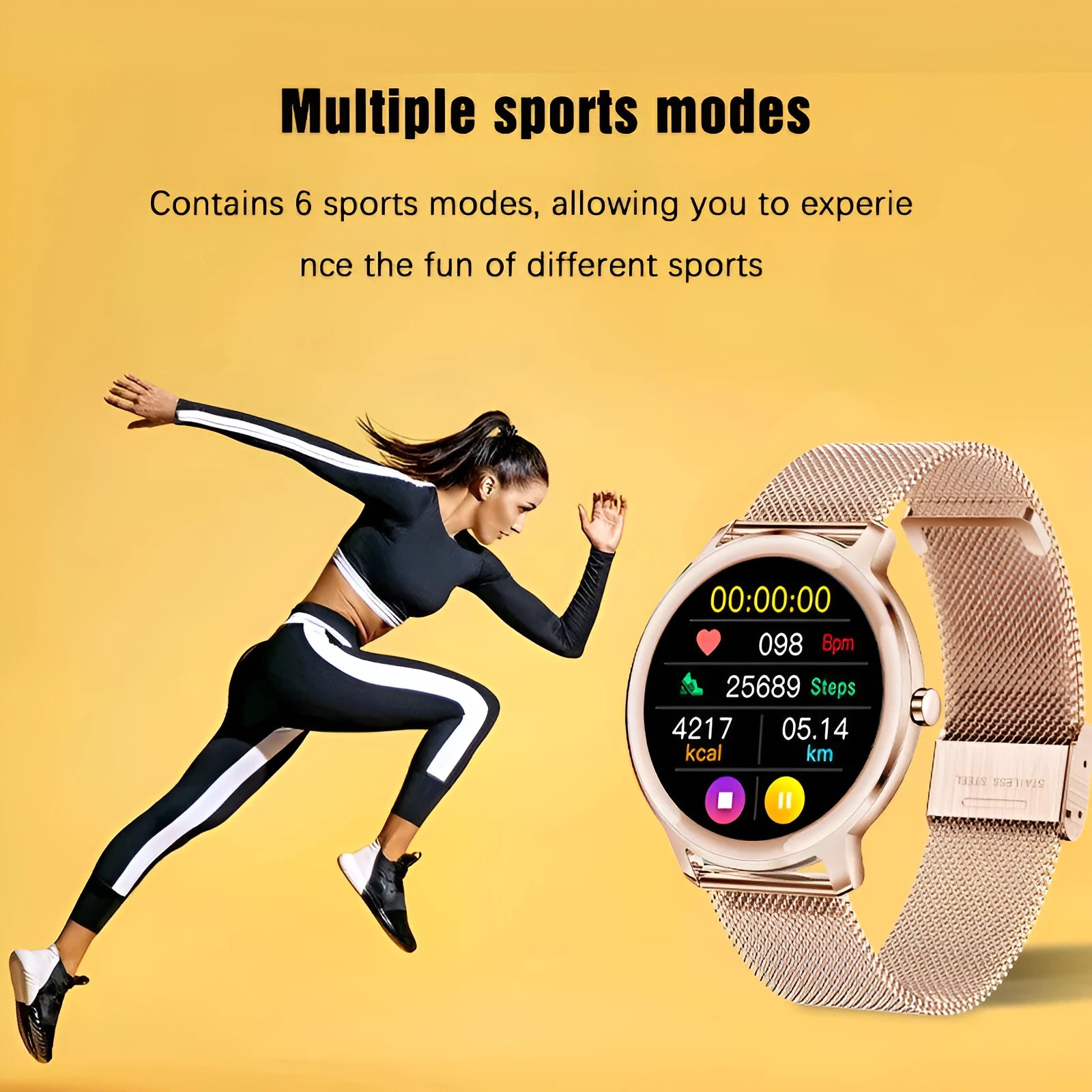 Women's smart watch with touchscreen display showing fitness metrics on silver mesh wristband