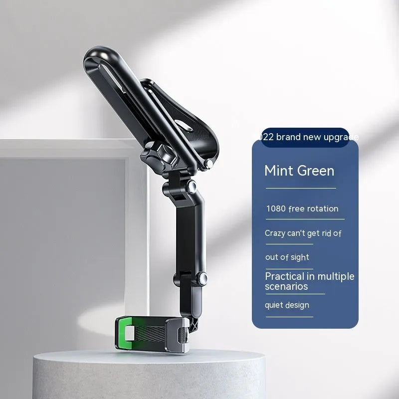 Grey and green car mobile phone holder bracket with one-click stable clip for dashboard mounting.