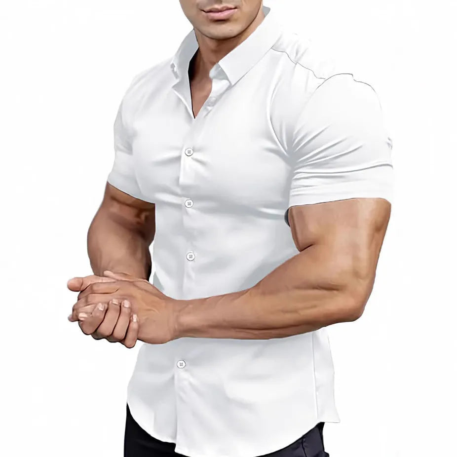 Men's casual short sleeve printed shirt with collar in cardigan style, available in multiple colours.
