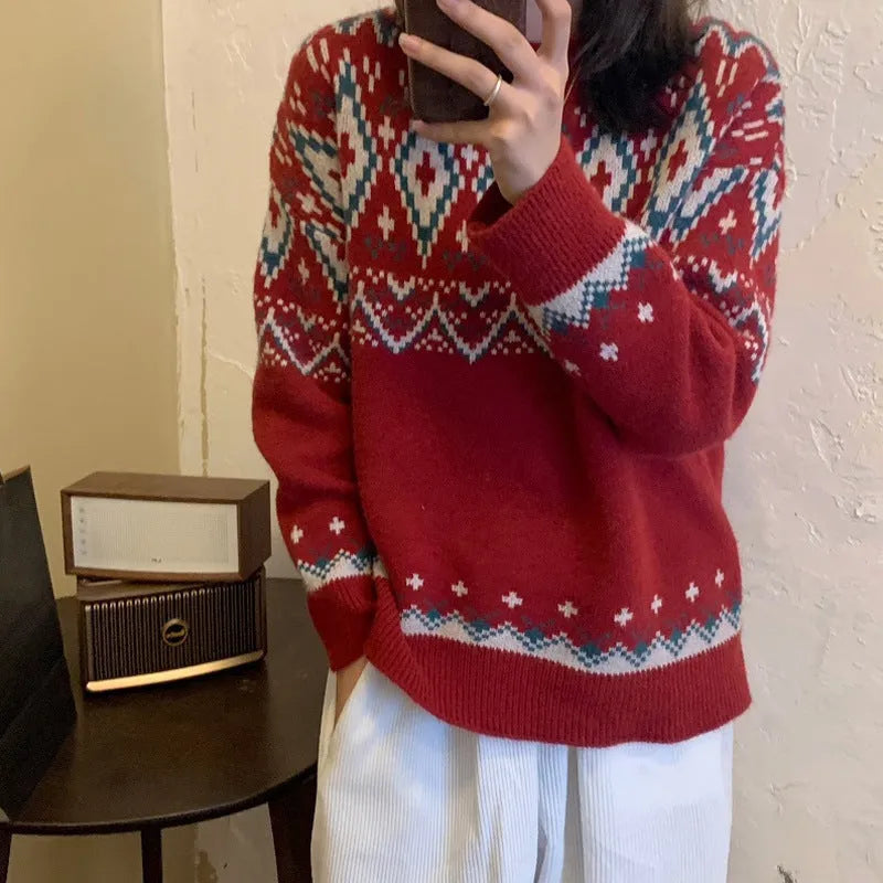 Loose retro stripe pullover knitted top in red or white colour