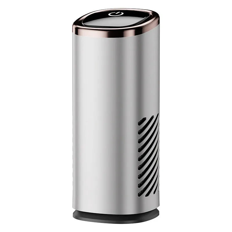 Mini portable car air purifier with anion technology, USB power, in silver, placed on a car dashboard for odour and smoke removal