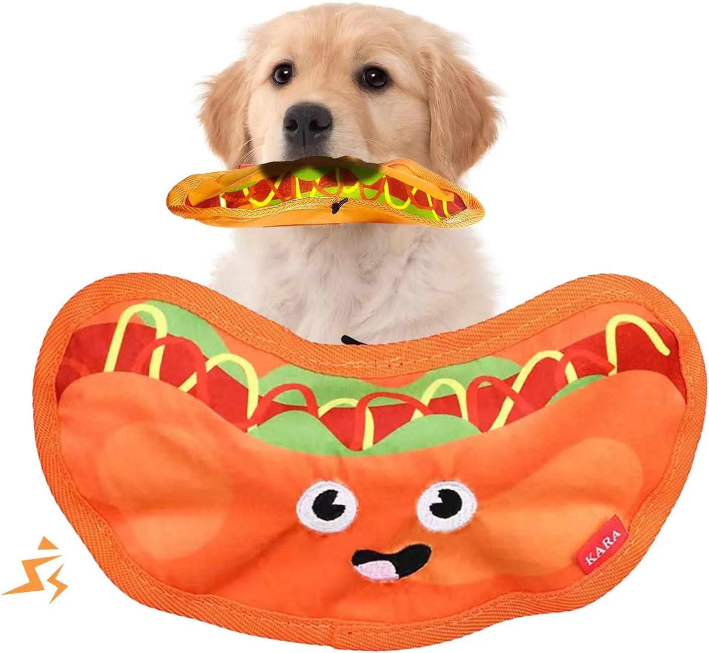 Hamburger-shaped dog chew toy with red, yellow and brown colours showing crinkle and squeak features