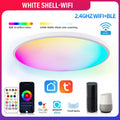 RGBCW Bluetooth ceiling lamp with 300mm diameter in black or white finish showing app control interface