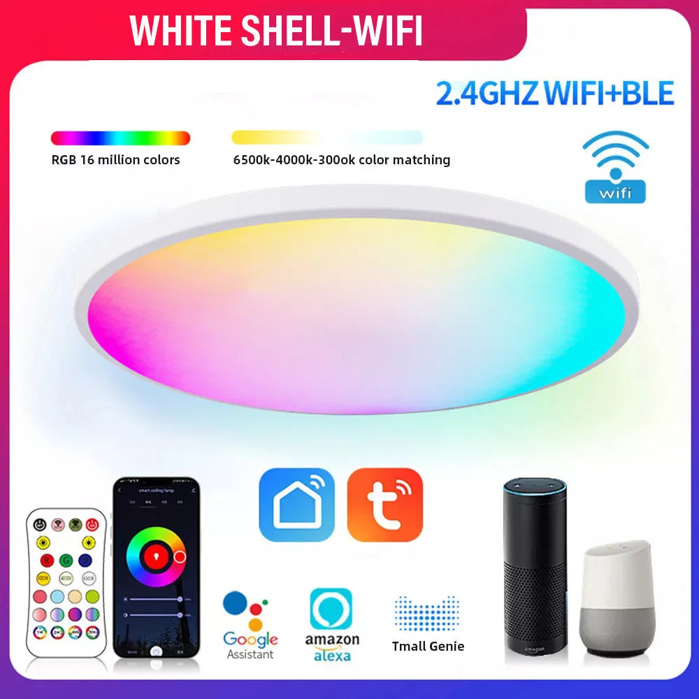 RGBCW Bluetooth ceiling lamp with 300mm diameter in black or white finish showing app control interface