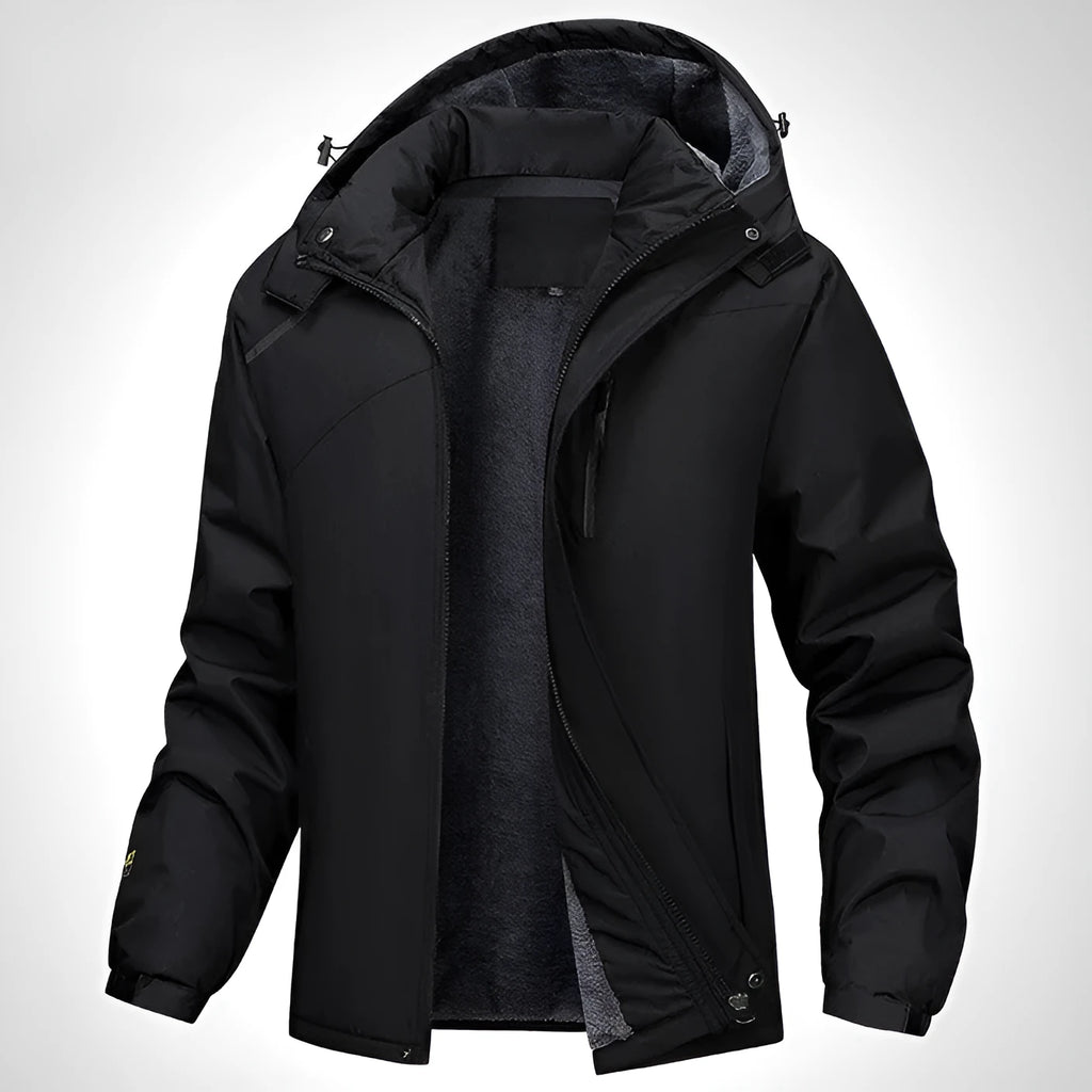 Plus-size men's hooded waterproof coat in Army Green colour showing loose fit and functional design.