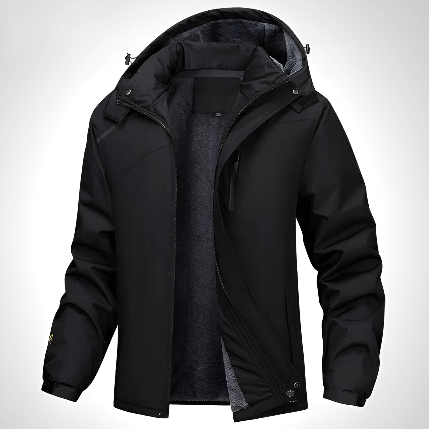 Plus-size men's hooded waterproof coat in Army Green colour showing loose fit and functional design.