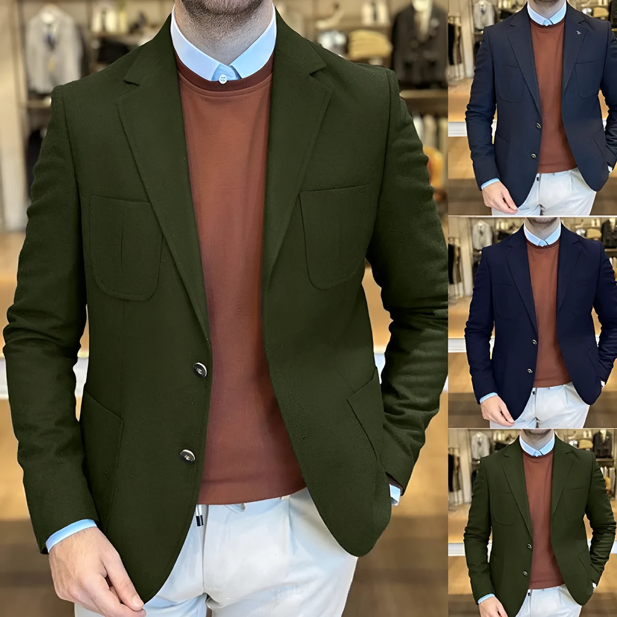 Men's cotton retro loose fit casual suit jacket in Army Green colour