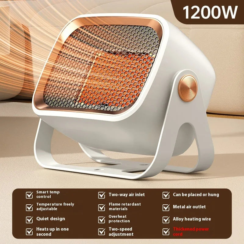 White PTC ceramic desktop electric heater on a table showing front grille and control buttons.