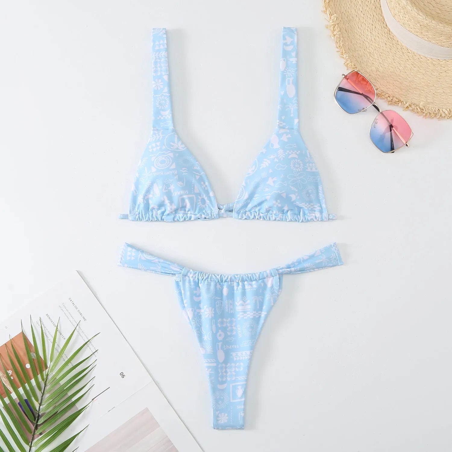 Women's floral print bikini swimsuit in blue, rose red, sky blue or white.