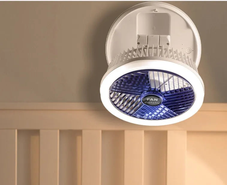 Blue or grey foldable USB desk fan with LED light showing wall mount and ceiling hanging options