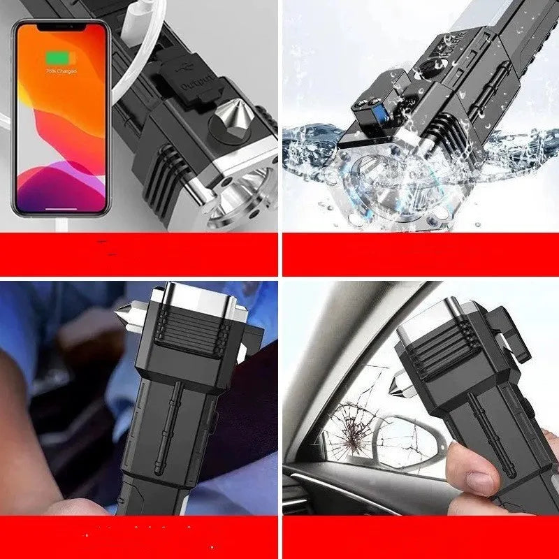 Silver plastic LED flashlight with integrated power bank, shown with USB charging cable.