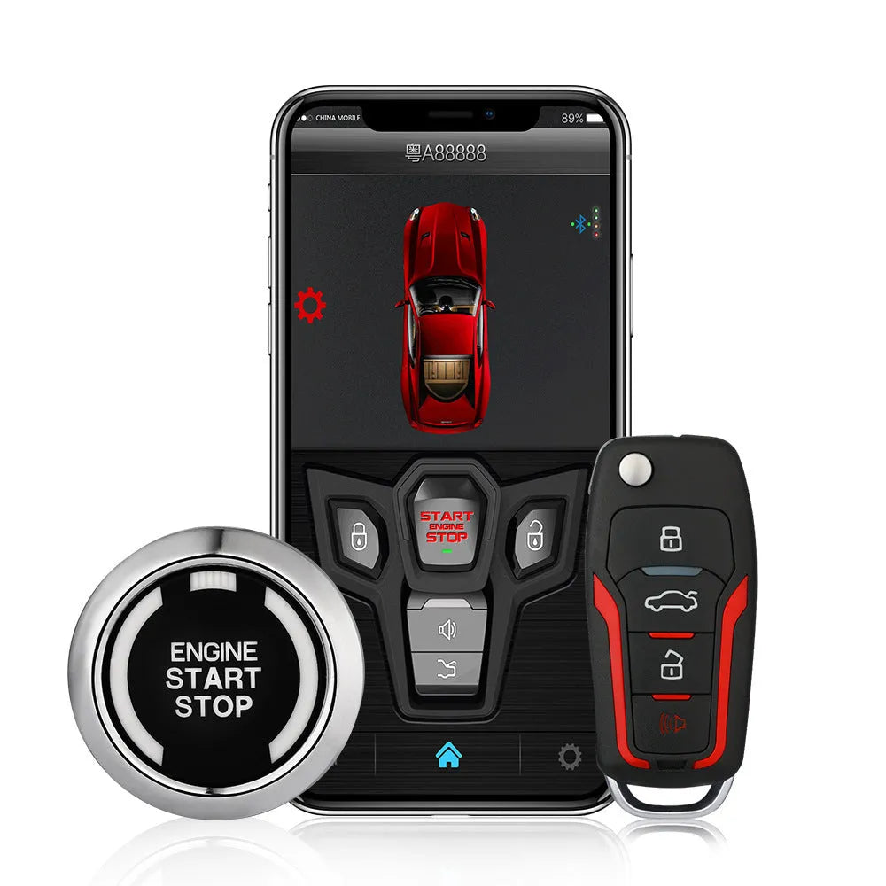 Red and frosted black car alarm system with remote controls showing 3000m range and 115dB siren specifications