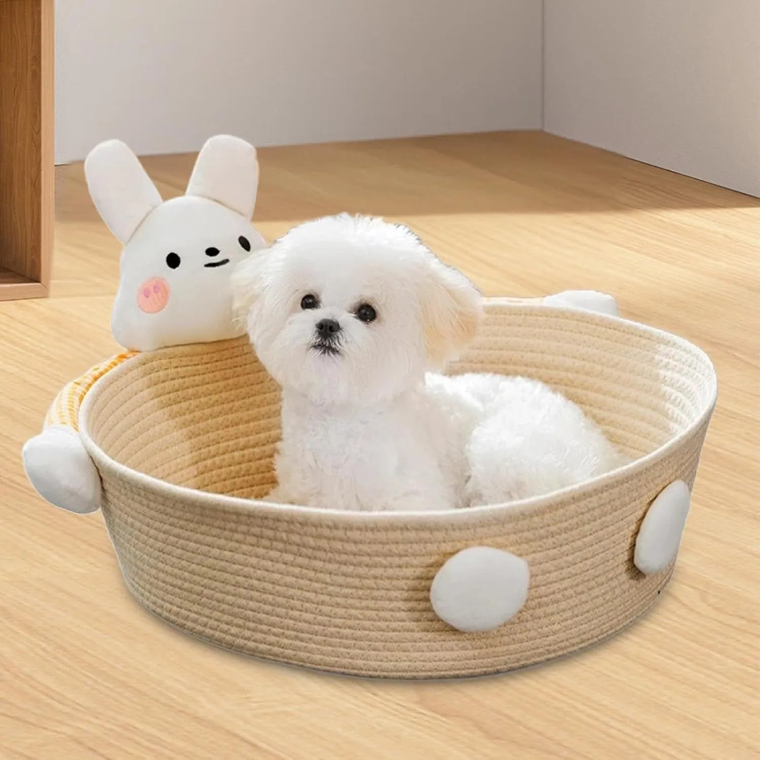 Woven cotton rope cat bed basket with scratching pad in bear design, shown next to a cat.
