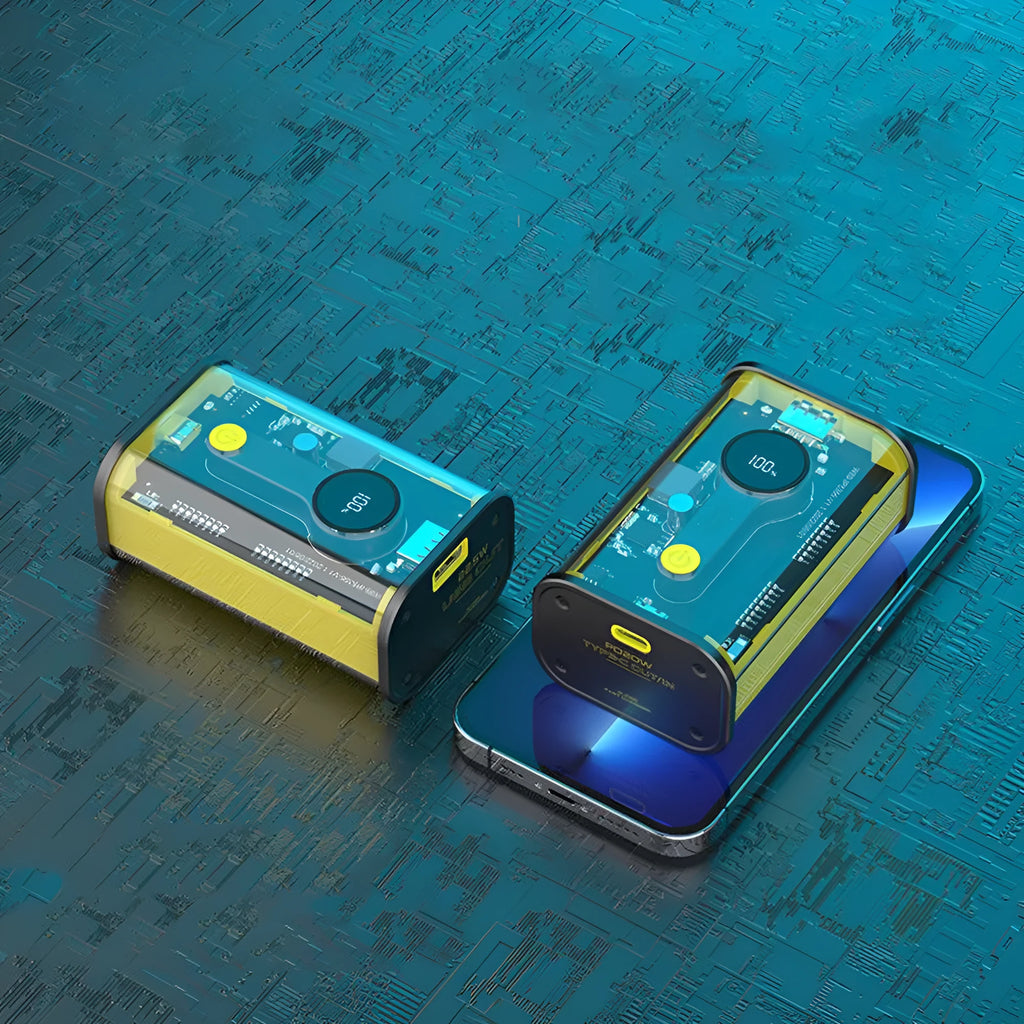 Transparent industrial power bank 10000mAh showing internal aluminium battery casing