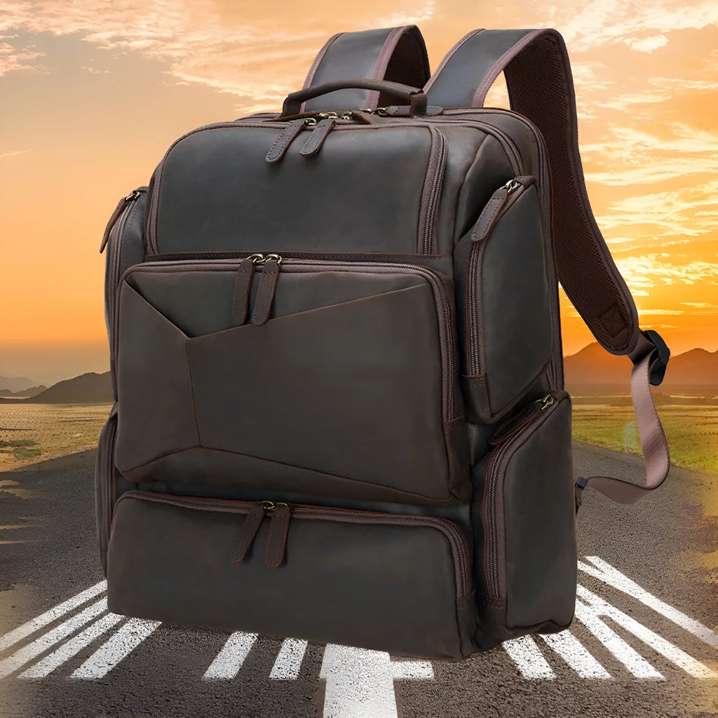 Dark brown leather men's backpack for 17-inch laptops with multiple compartments