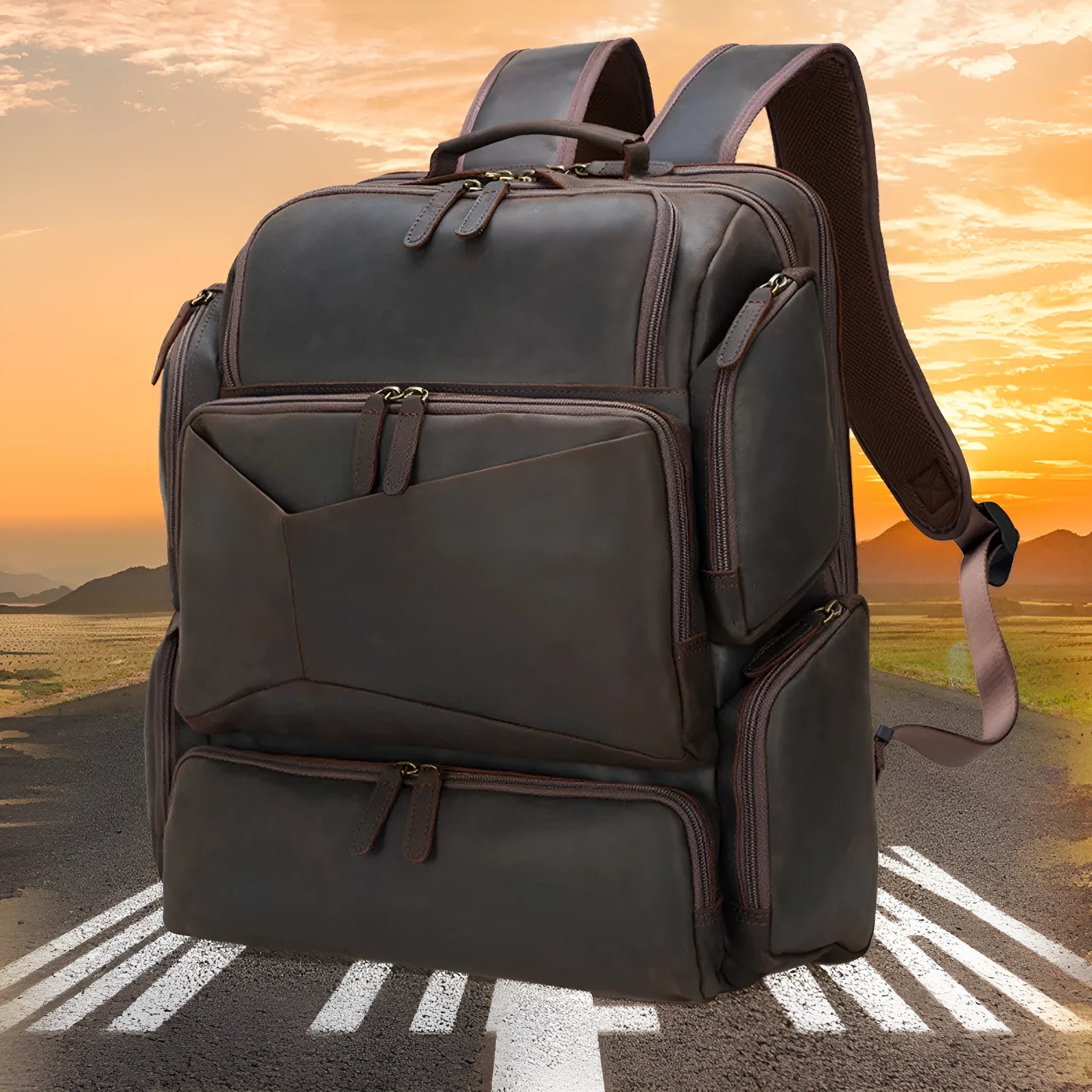 Dark brown leather men's backpack for 17-inch laptops with multiple compartments