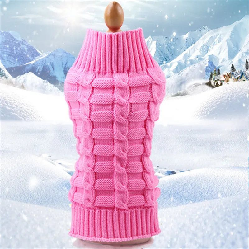 Cashmere twisted rope wool dog sweater shown in multiple colour options with size measurements displayed