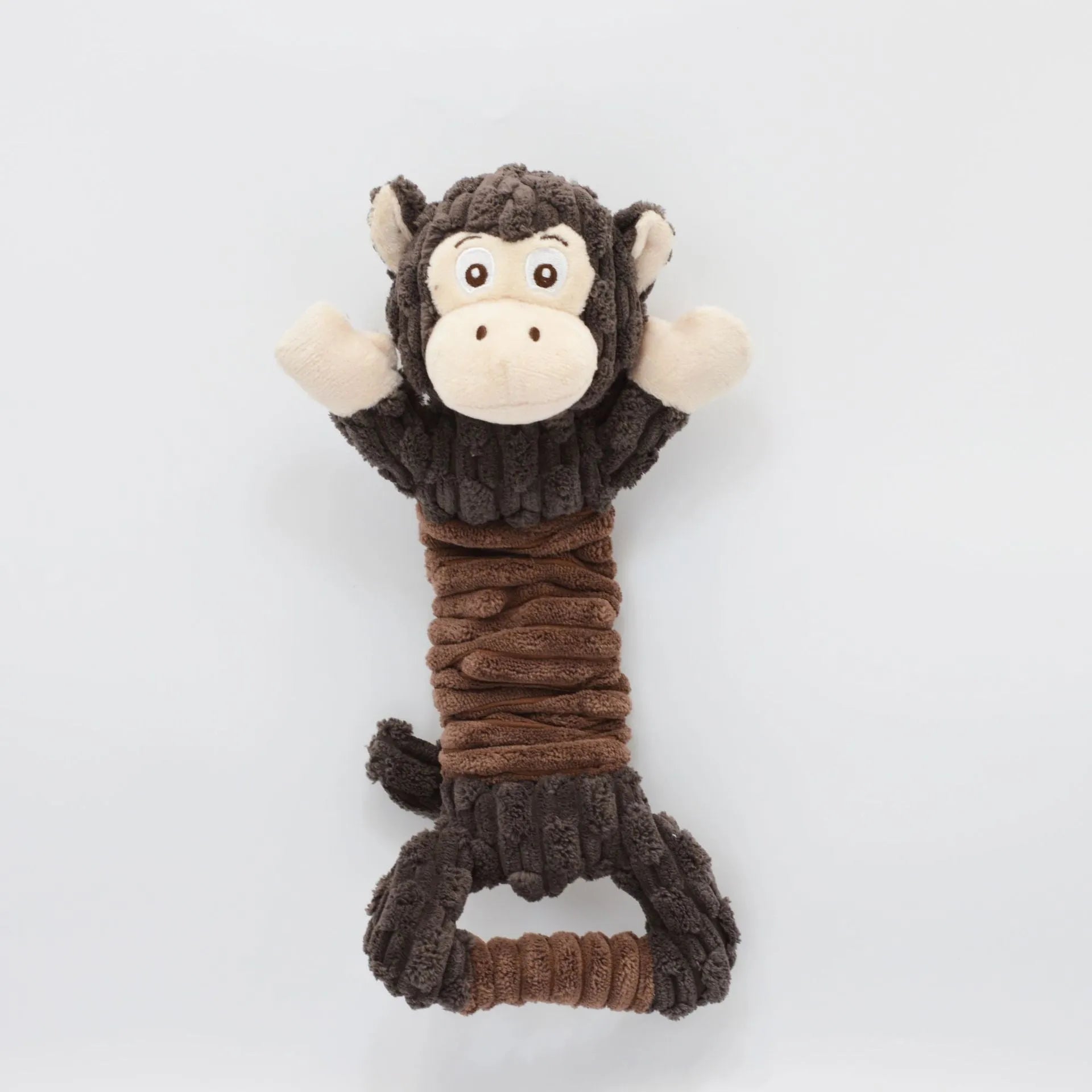 Large squeaky plush dog toy in hippo or monkey design with a handle base for tug of war games