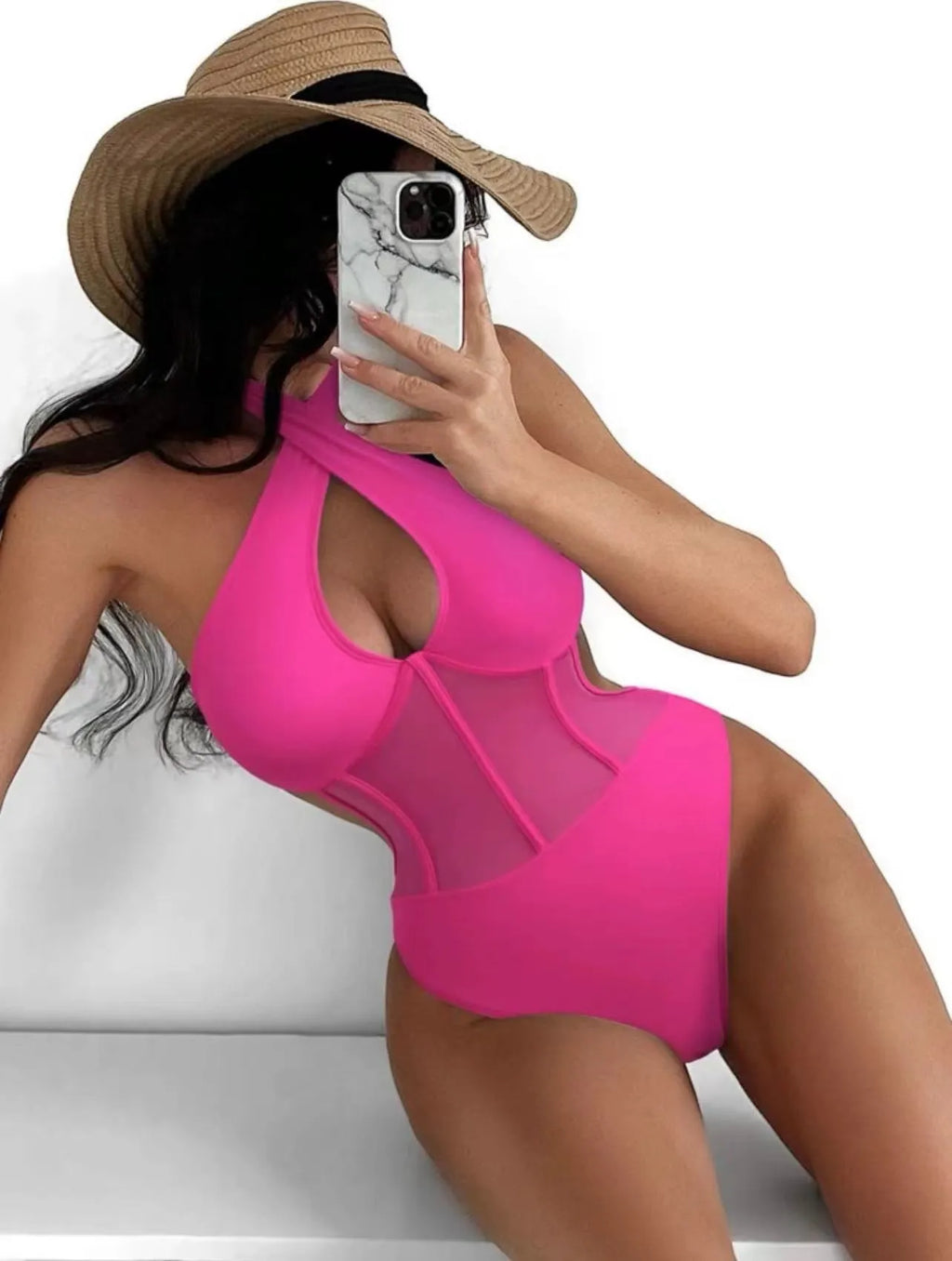 Women's one-piece spun yarn swimsuit bikini on a hanger in black, rose red, and green colour options.