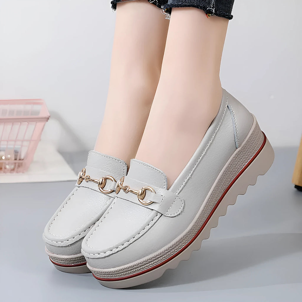 Slip-on oversized synthetic leather casual shoes for women in beige, round toe, rubber sole