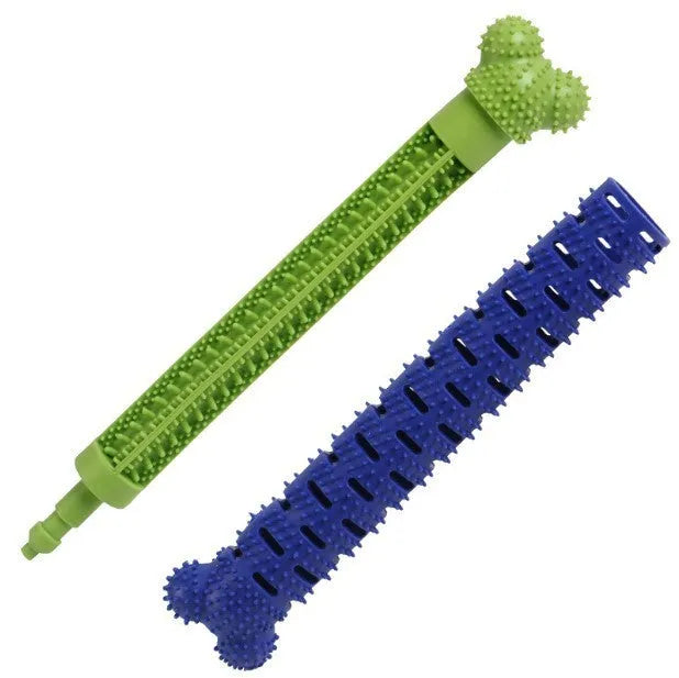 Blue green dog dental cleaning toy with silicone bristles and massage nodules for tooth cleaning and chewing