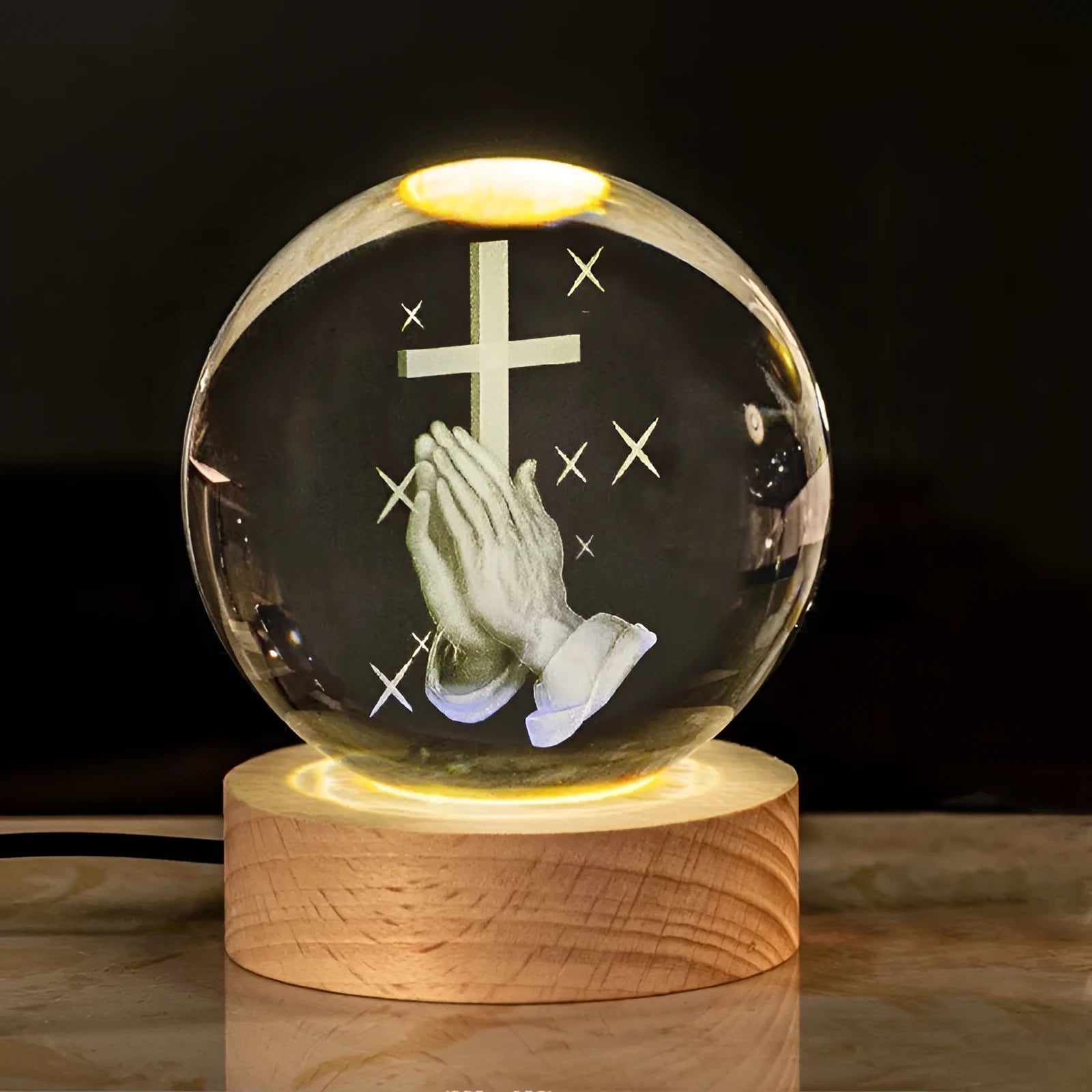 White crystal ball lamp with solid wood base and warm lighting in religious designs