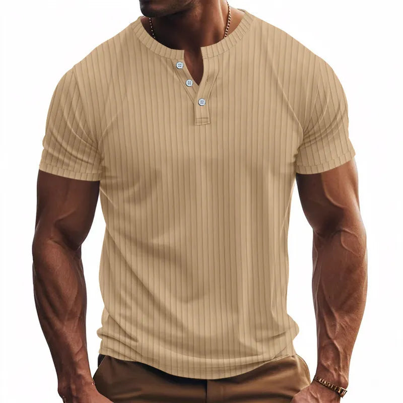 Men's casual sports jacquard ribbed quick-dry breathable Henley short sleeve t-shirt in solid colour polyester