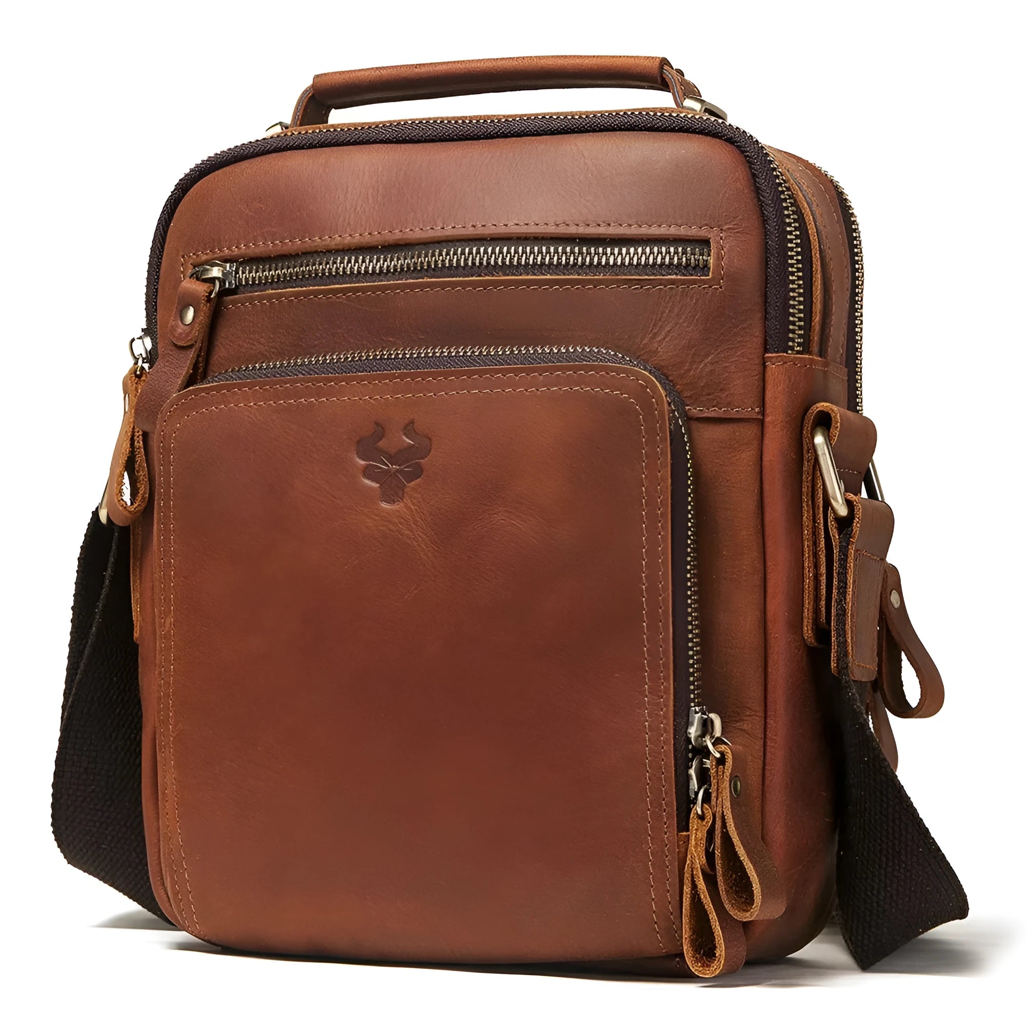 Men's brown genuine leather retro style crossbody bag with sewing line detail.