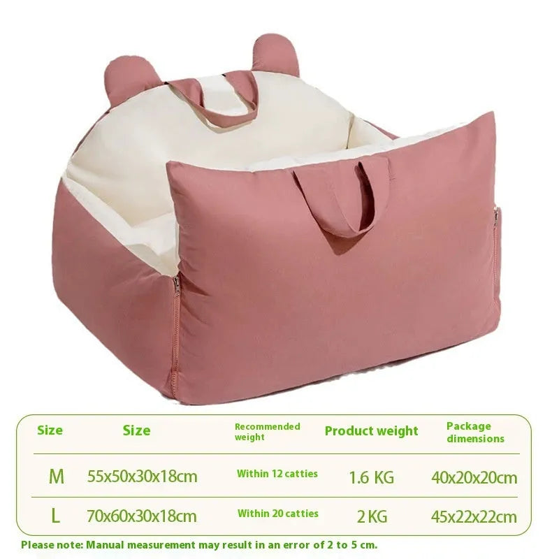 Universal removable washable dog car kennel in blue beige colour, shown in L size 70x60x30cm