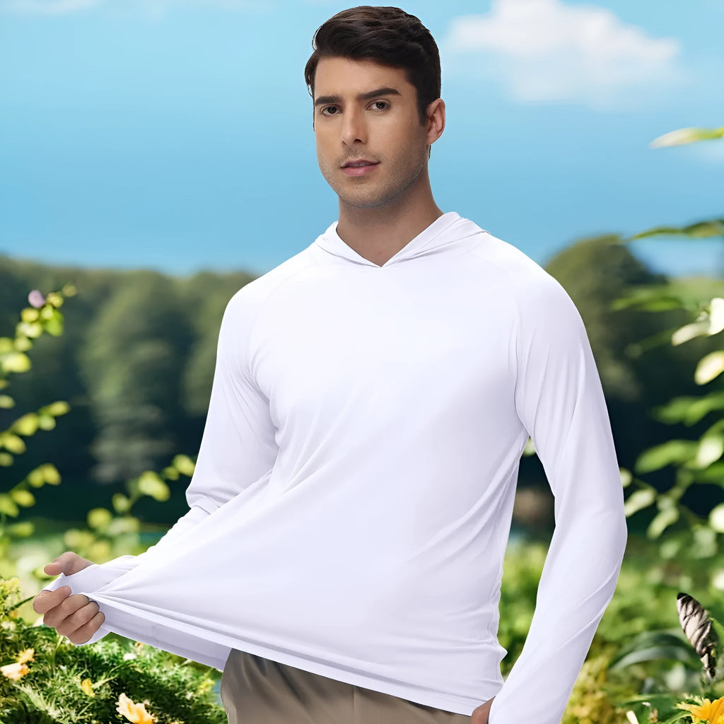 Man wearing a thin grey long sleeve hooded top for outdoor sun protection during fishing or hiking.