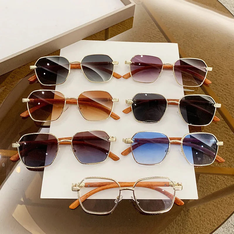 Women's frameless trim glasses with wood grain pattern and gold alloy frame.