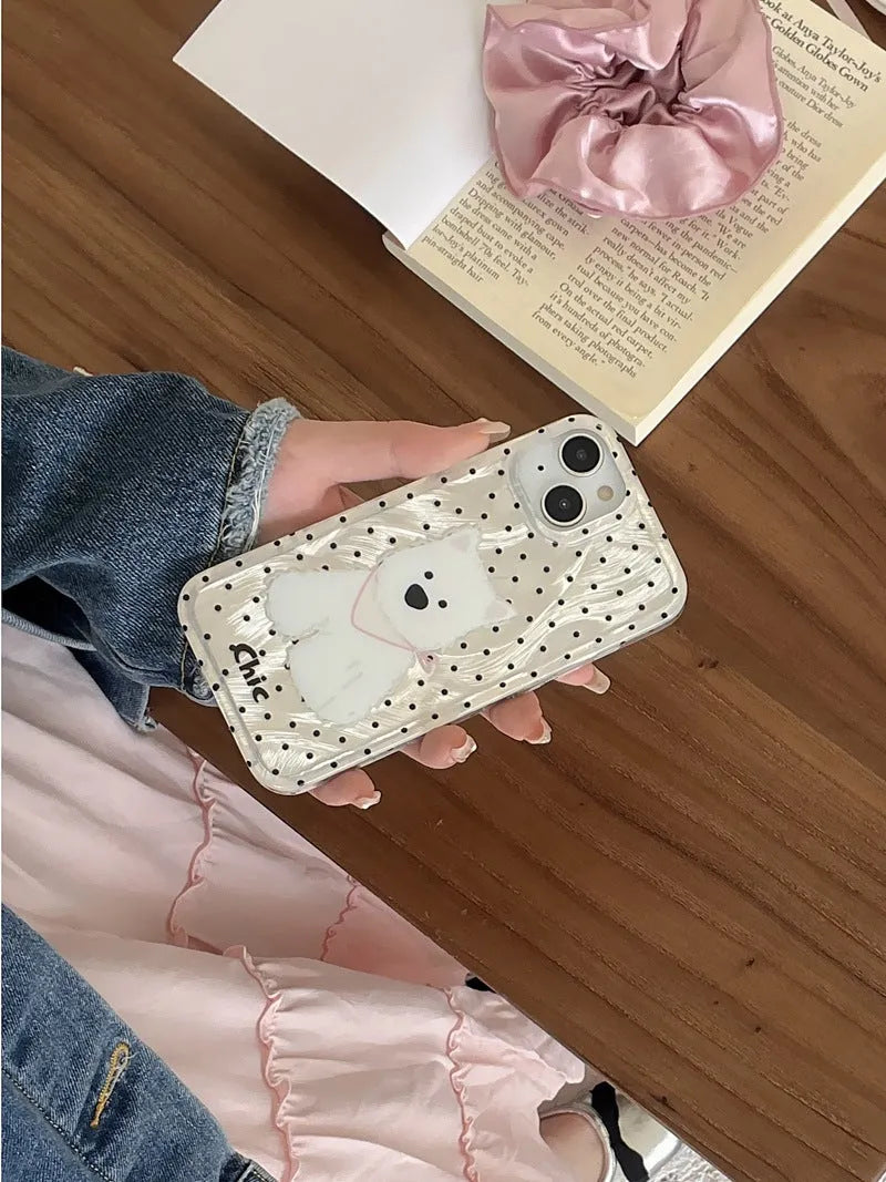 Polka dot West Highland dog TPU phone case for Apple iPhone, anti-fall soft shell in white and black