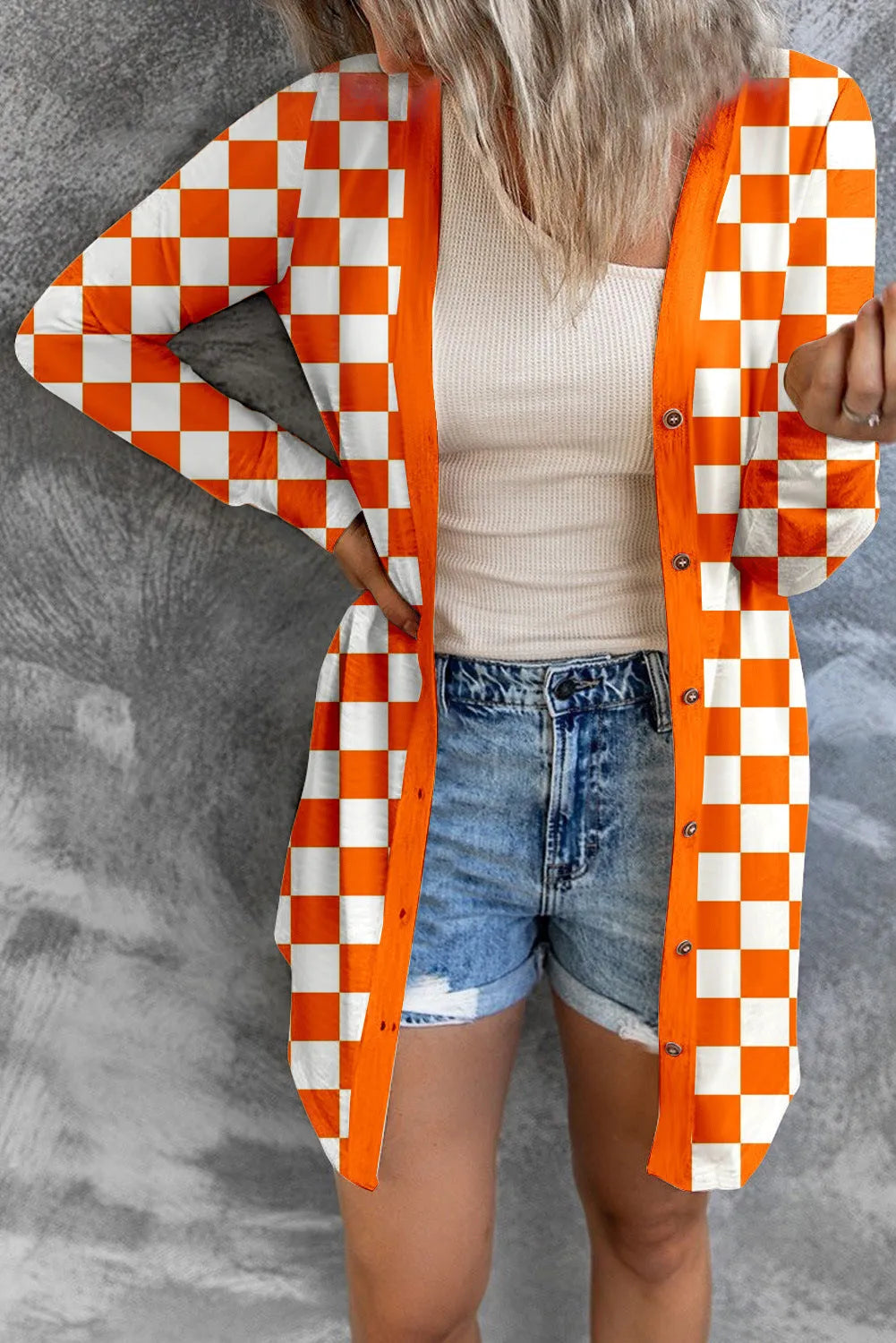 Women's long grey plaid loose fit cardigan coat with regular sleeves for street fashion.
