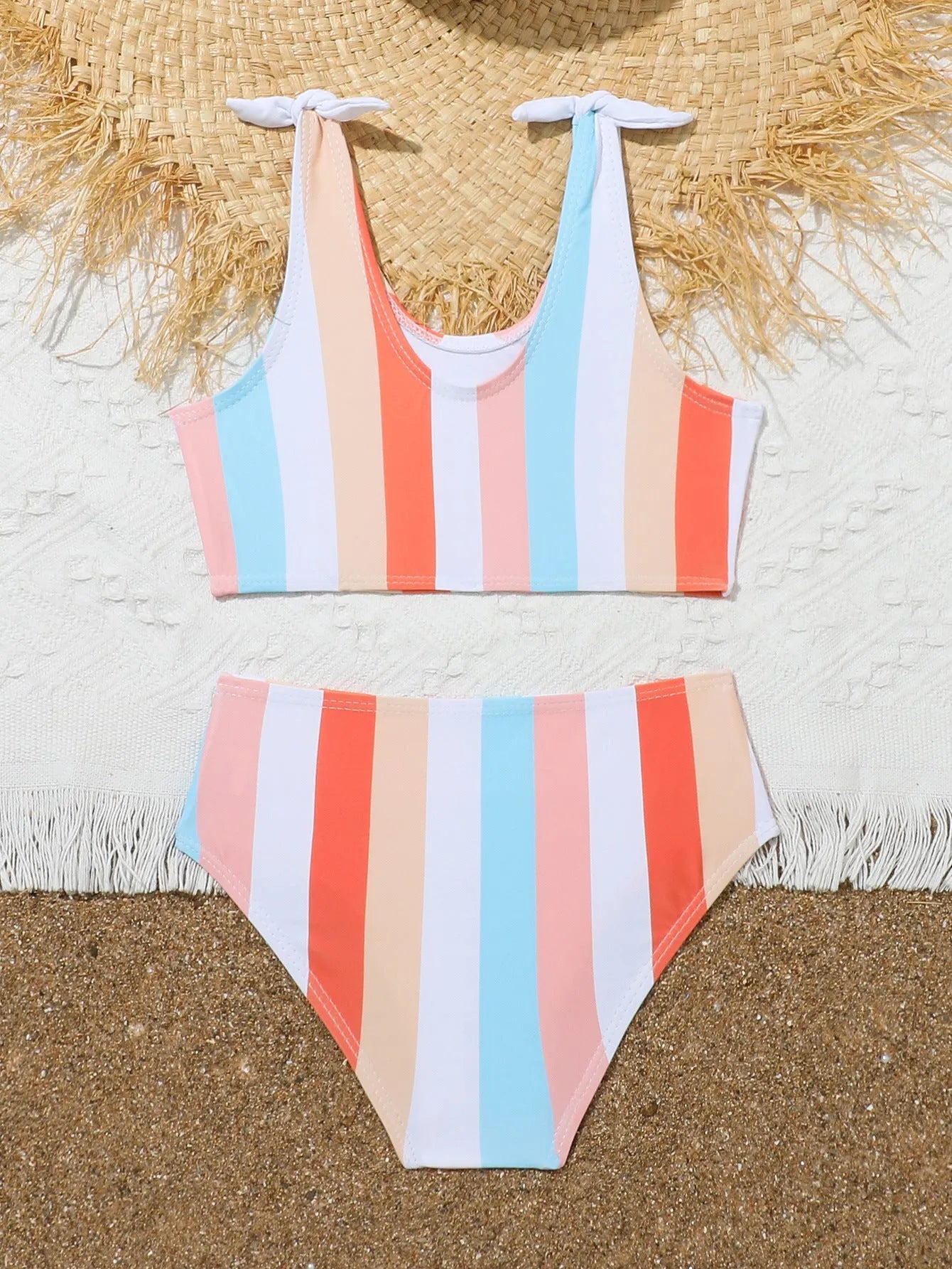 Girls printed plaid swimsuit set with briefs, polyester lining, sizes 2-3T to 11-12T, multiple colours