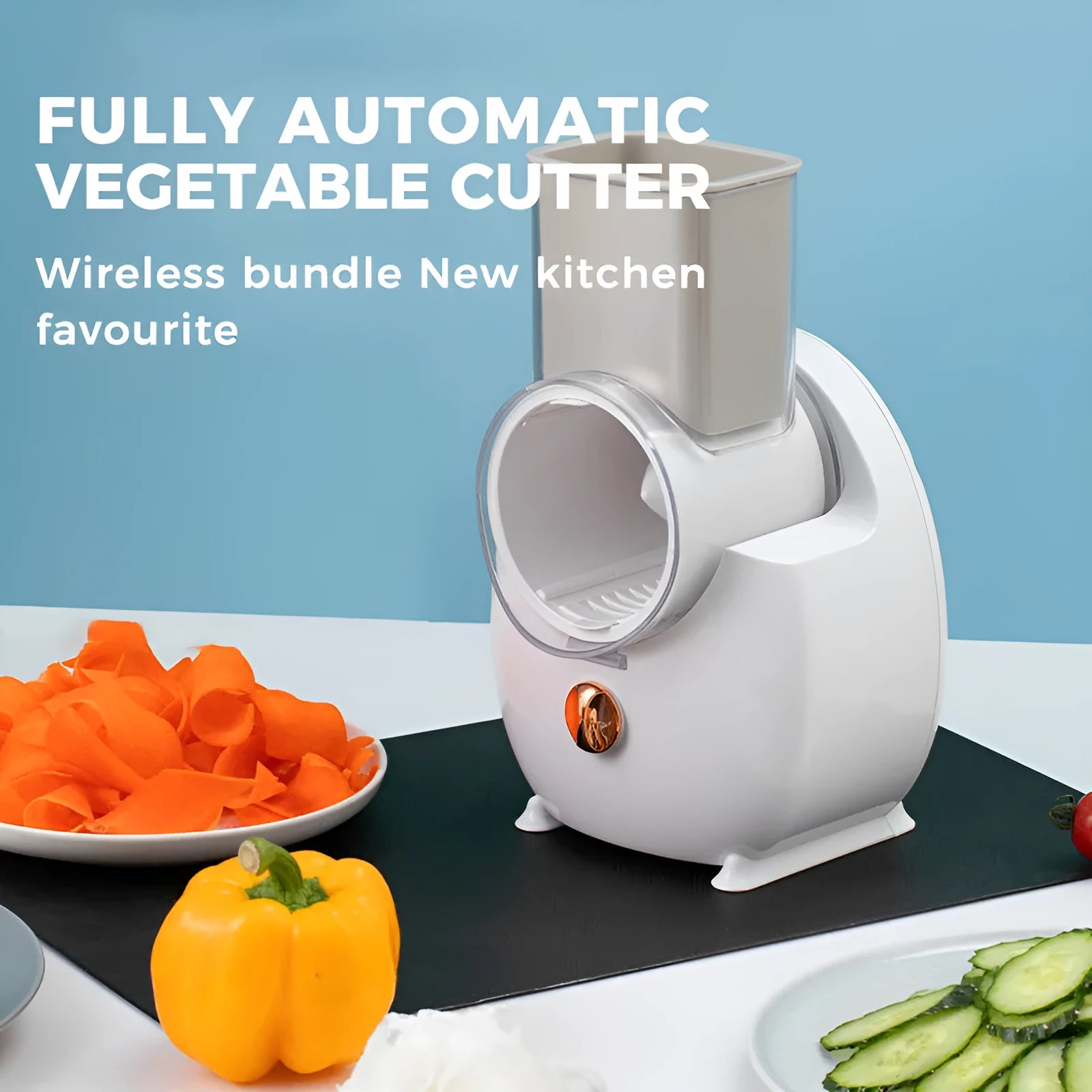 White electric vegetable slicer with rotary grater, three blades, and suction base on kitchen counter