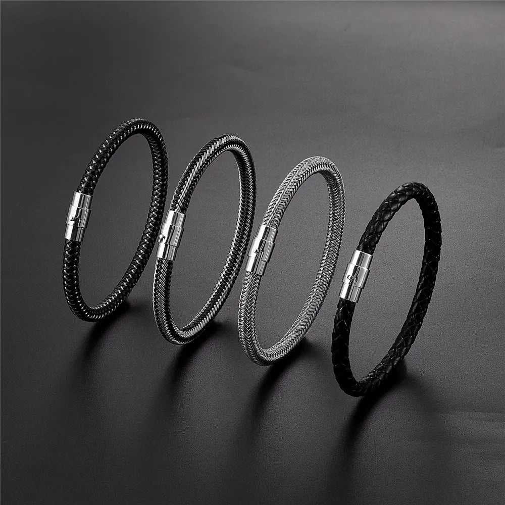 Titanium steel geometric wire bracelet with magnetic clasp on a wrist, showing unisex boyfriend style.