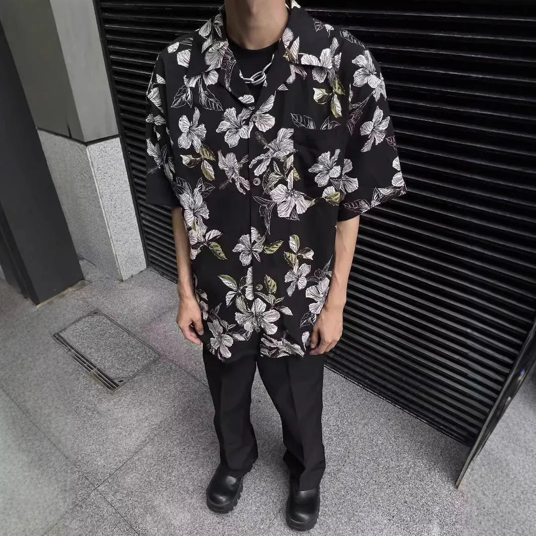 Men's black floral ice silk shirt with vintage Cuban collar and short sleeves