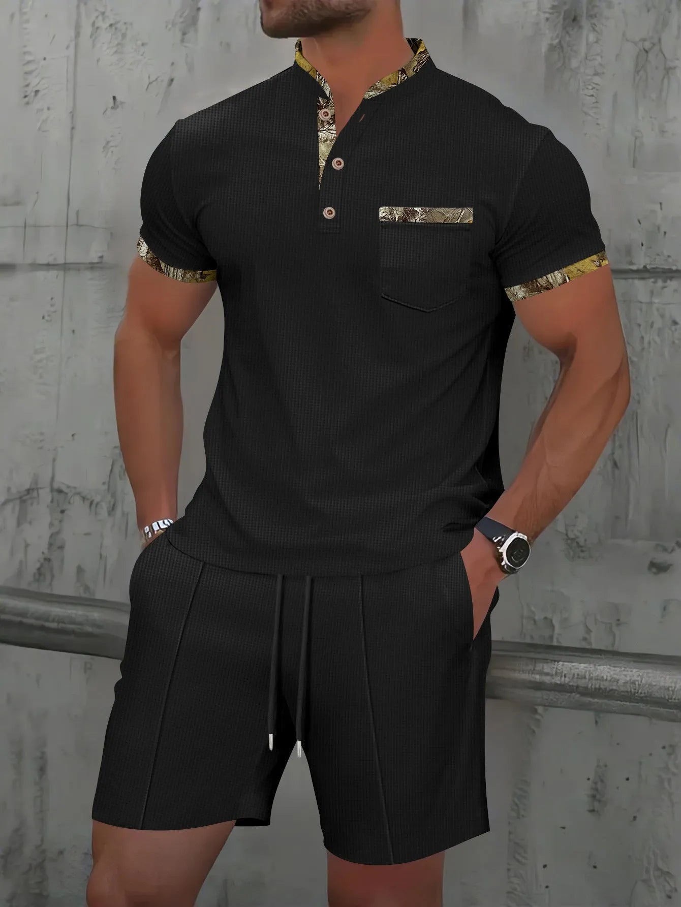 Men's grey summer suit with polo collar short sleeve jacket and matching shorts on hanger