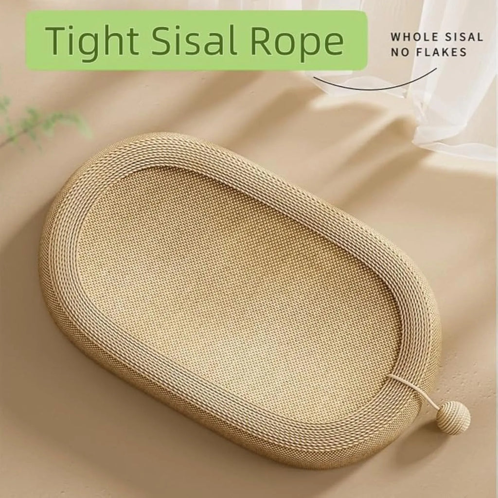 Large natural sisal cat scratching board with integrated lounging platform.
