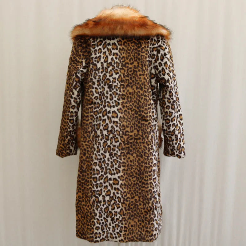 Women's leopard print artificial fur jacket showing 80cm length and regular sleeve design