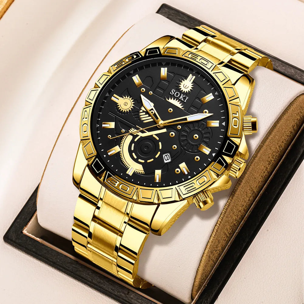 Men's gold business calendar quartz watch with stainless steel band showing date display