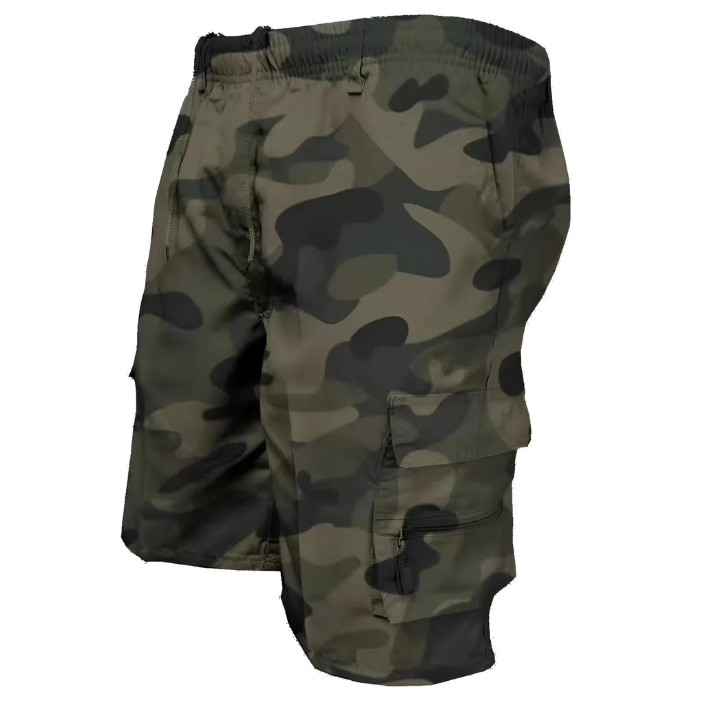 Men's khaki cotton casual shorts with multiple pockets and a drawstring waistband.